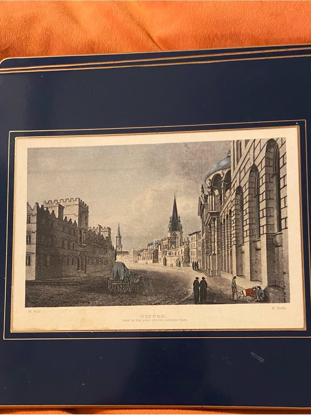 Framed British Prints on Navy placemats Classic Oxford Cityscape Style